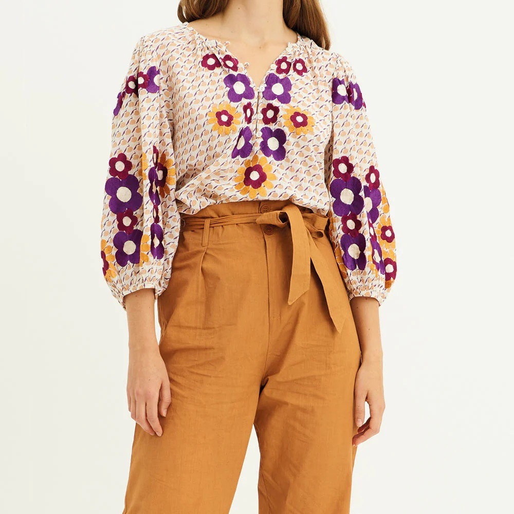 NWT Antik Batik Cream Blouse with Purple and Mustard Floral Embroidery